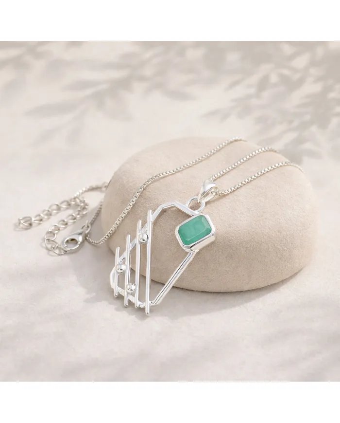 Emerald Abstract Frame Pendant - 925 Sterling Silver Modern Jewelry