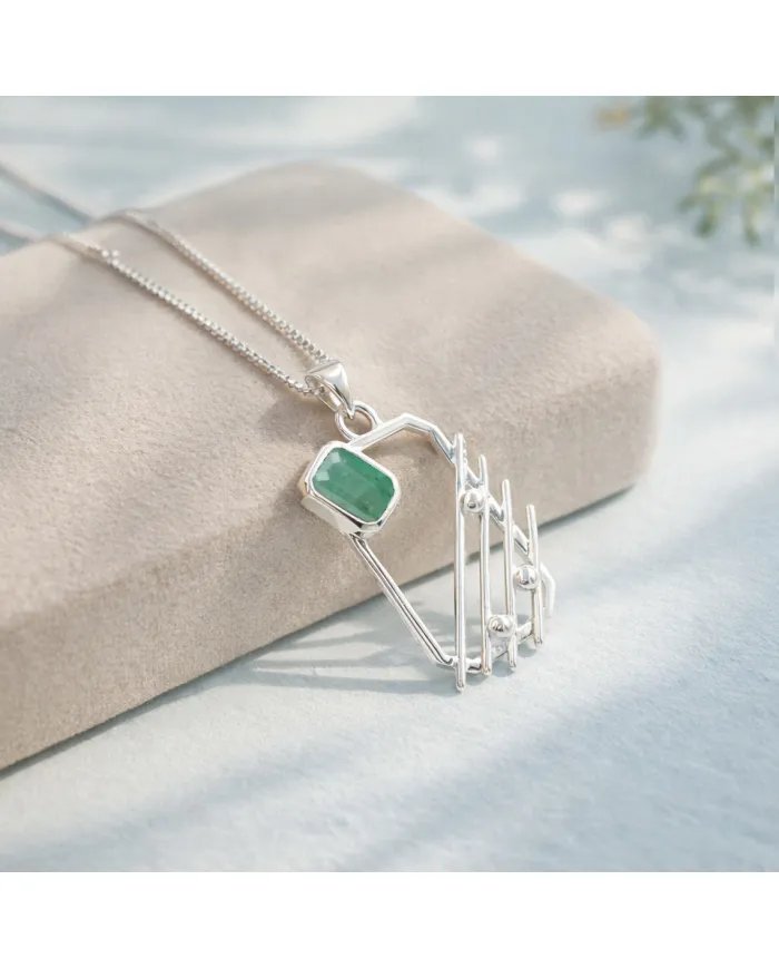 Emerald Abstract Frame Pendant - 925 Sterling Silver Modern Jewelry