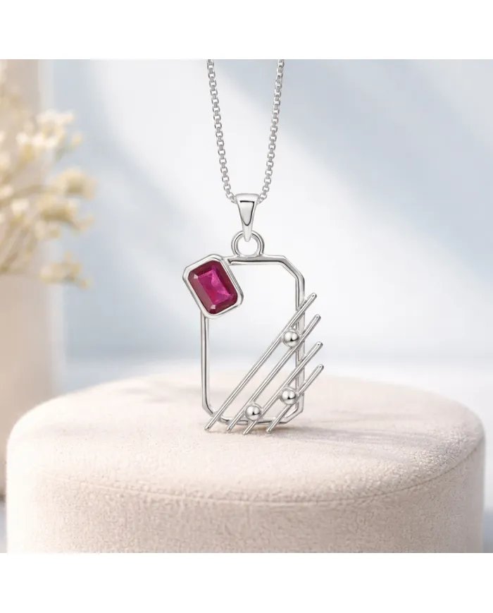Ruby Abstract Frame Pendant - 925 Sterling Silver Modern Jewelry