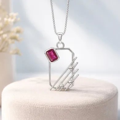 Ruby Abstract Frame Pendant - 925 Sterling Silver Modern Jewelry
