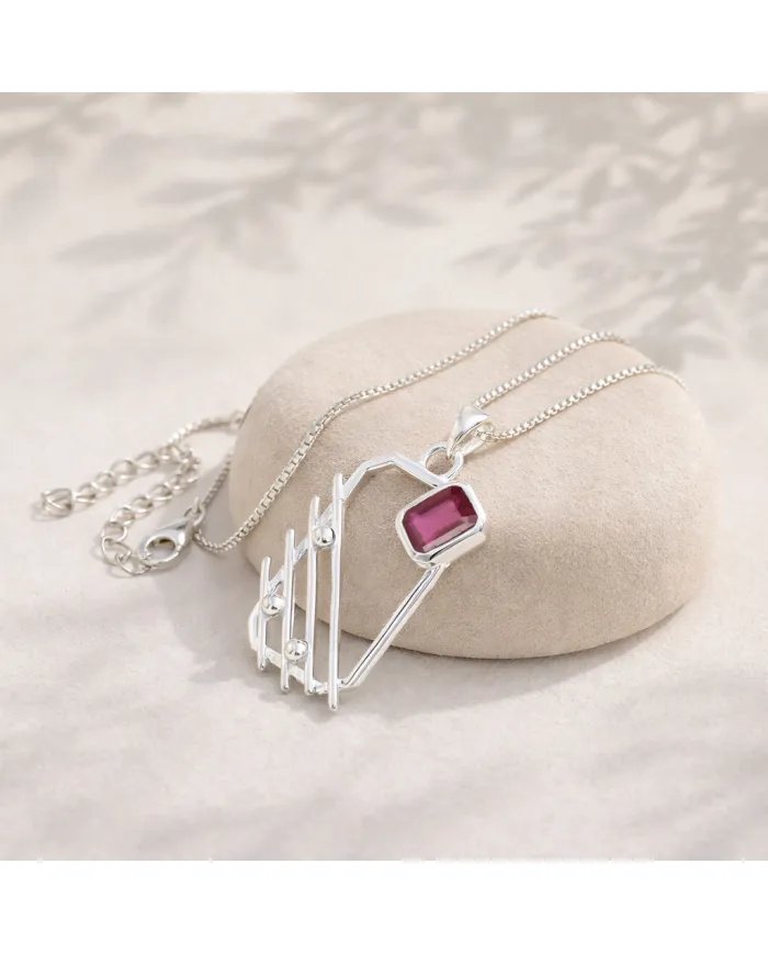 Ruby Abstract Frame Pendant - 925 Sterling Silver Modern Jewelry