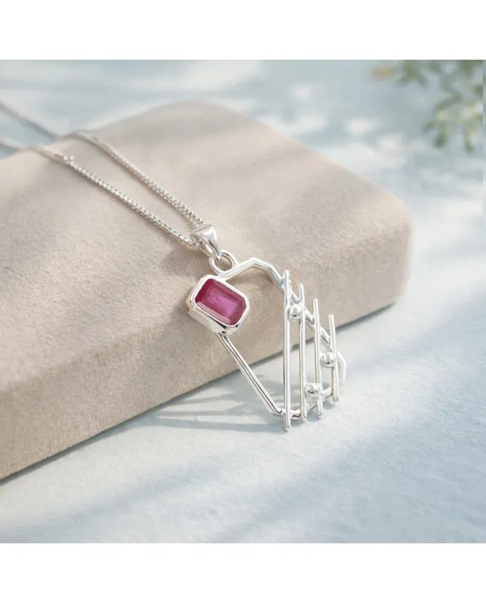 Ruby Abstract Frame Pendant - 925 Sterling Silver Modern Jewelry