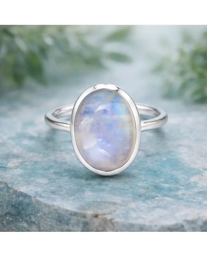 Rainbow Moonstone Ring - 925 Sterling Silver Oval Gemstone Jewelry