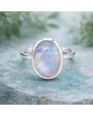 Rainbow Moonstone Ring - 925 Sterling Silver Oval Gemstone Jewelry
