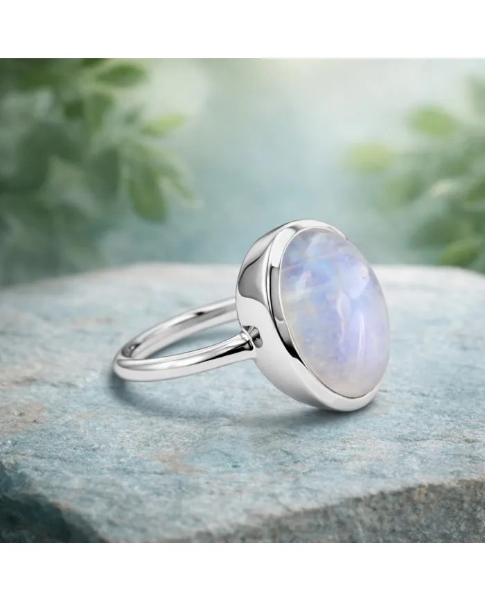 Rainbow Moonstone Ring - 925 Sterling Silver Oval Gemstone Jewelry