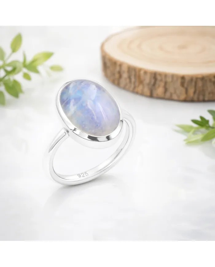 Rainbow Moonstone Ring - 925 Sterling Silver Oval Gemstone Jewelry