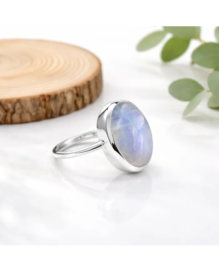 Rainbow Moonstone Ring - 925 Sterling Silver Oval Gemstone Jewelry