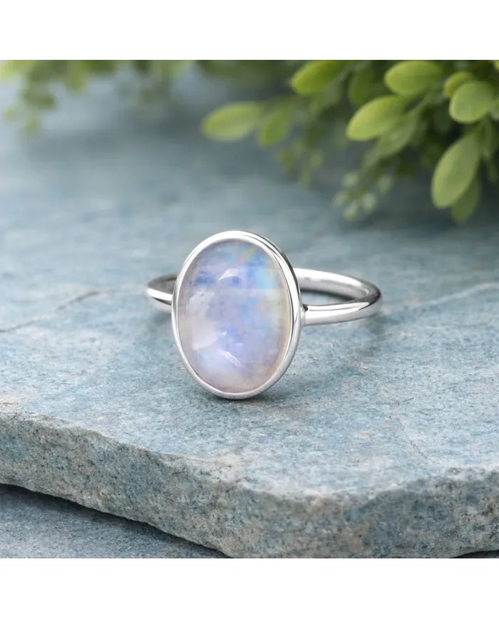 Rainbow Moonstone Ring - 925 Sterling Silver Oval Gemstone Jewelry