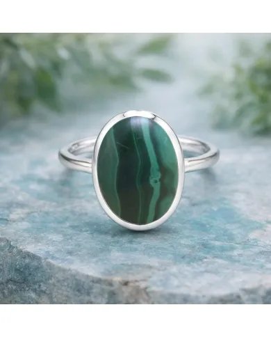 Natural Malachite Ring - 925 Sterling Silver Oval Shape Gemstone Jewelry