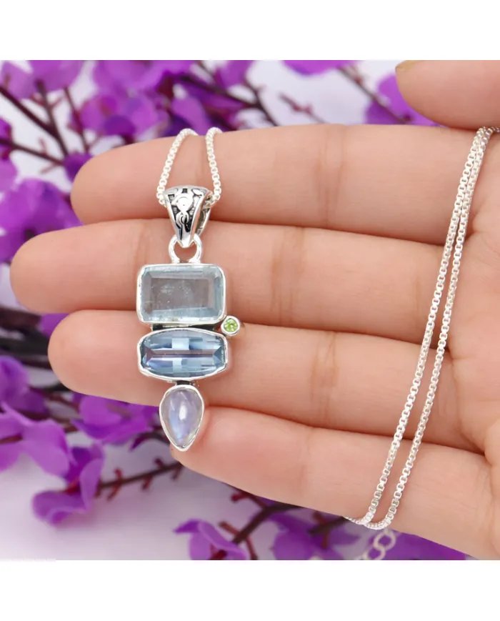 Multi Gemstone Pendant – 925 Sterling Silver Handmade Gift for Her
