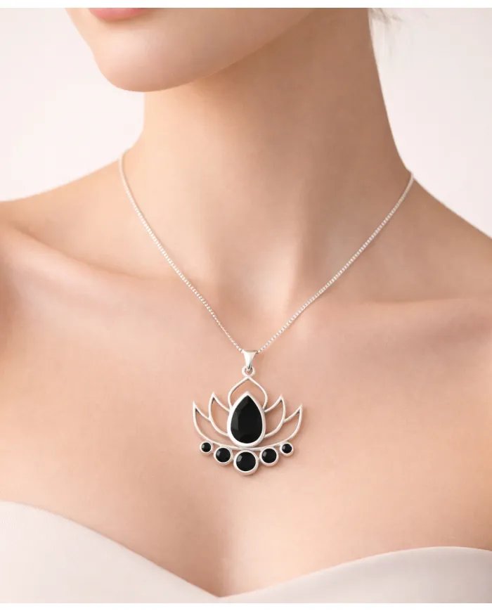 Black Onyx Lotus Charm Pendant – Handcrafted 925 Sterling Silver Jewelry