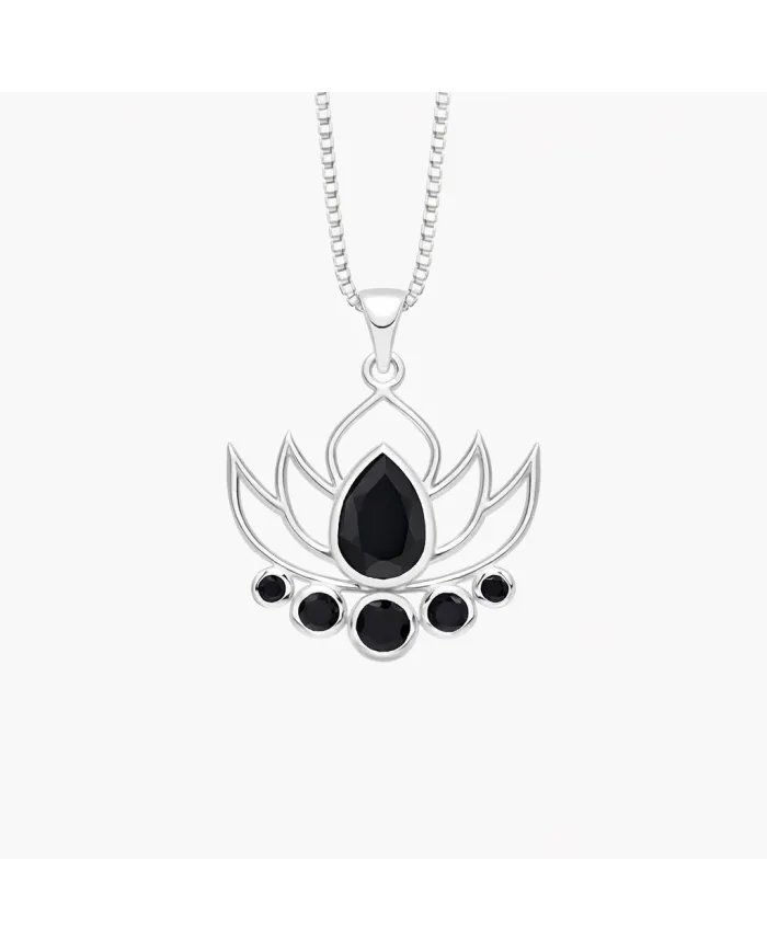 Black Onyx Lotus Charm Pendant – Handcrafted 925 Sterling Silver Jewelry
