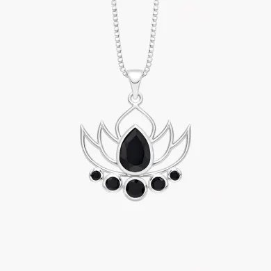 Black Onyx Lotus Charm Pendant – Handcrafted 925 Sterling Silver Jewelry
