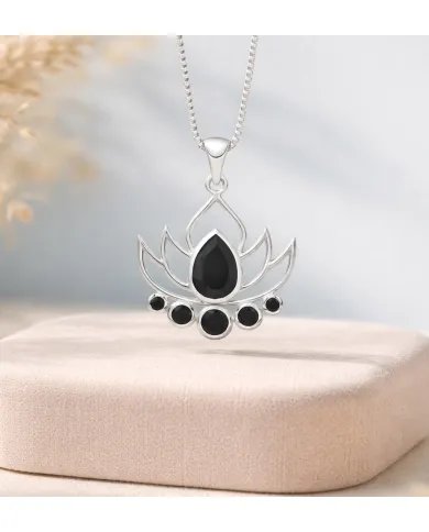 Black Onyx Lotus Charm Pendant – Handcrafted 925 Sterling Silver Jewelry