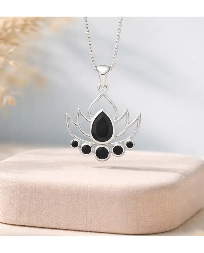 Black Onyx Lotus Charm Pendant – Handcrafted 925 Sterling Silver Jewelry