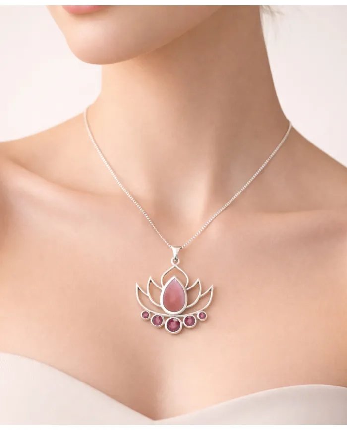 Pink Opal & Ruby Lotus Charm Pendant - Handcrafted 925 Sterling Silver
