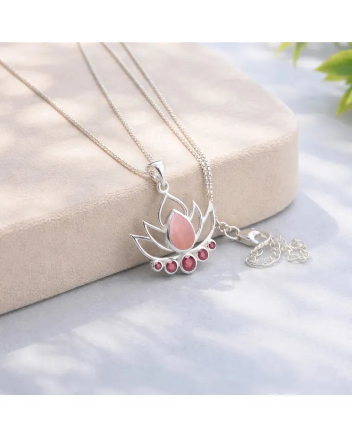 Pink Opal & Ruby Lotus Charm Pendant - Handcrafted 925 Sterling Silver