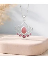 Pink Opal & Ruby Lotus Charm Pendant - Handcrafted 925 Sterling Silver