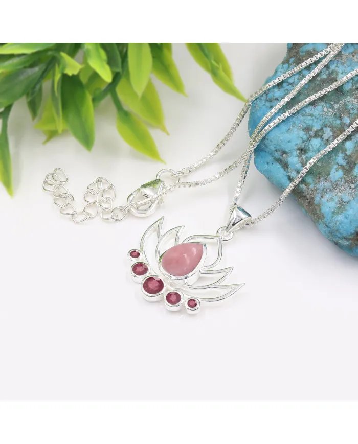 Pink Opal & Ruby Lotus Charm Pendant - Handcrafted 925 Sterling Silver