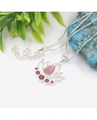Pink Opal & Ruby Lotus Charm Pendant - Handcrafted 925 Sterling Silver