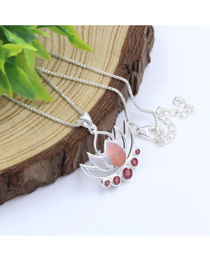 Pink Opal & Ruby Lotus Charm Pendant - Handcrafted 925 Sterling Silver