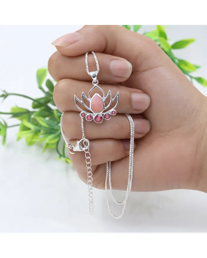Pink Opal & Ruby Lotus Charm Pendant - Handcrafted 925 Sterling Silver