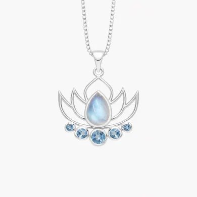 Rainbow Moonstone & Blue Topaz Lotus Charm Pendant - 925 Sterling Silver