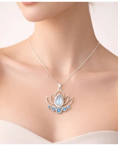 Rainbow Moonstone & Blue Topaz Lotus Charm Pendant - 925 Sterling Silver