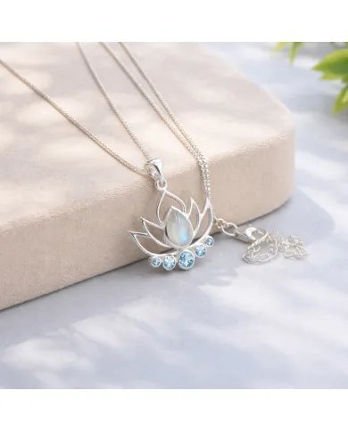 Rainbow Moonstone & Blue Topaz Lotus Charm Pendant - 925 Sterling Silver