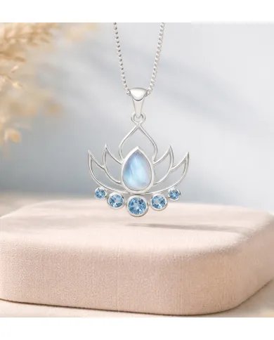 Rainbow Moonstone & Blue Topaz Lotus Charm Pendant - 925 Sterling Silver