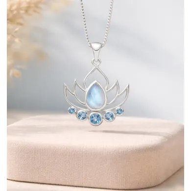 Rainbow Moonstone & Blue Topaz Lotus Charm Pendant - 925 Sterling Silver