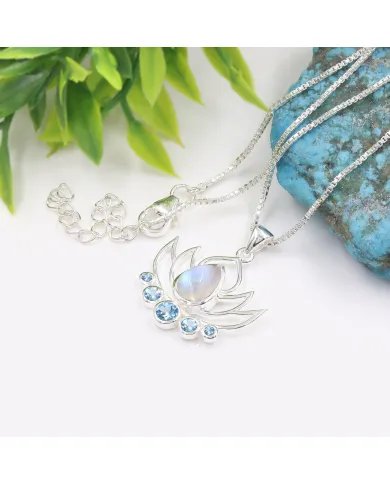 Rainbow Moonstone & Blue Topaz Lotus Charm Pendant - 925 Sterling Silver