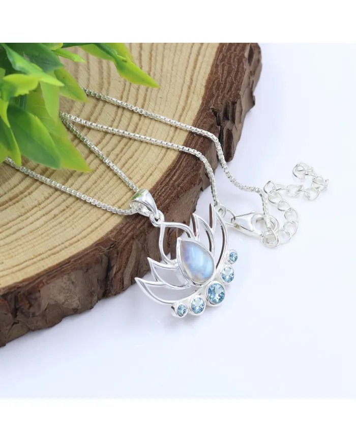 Rainbow Moonstone & Blue Topaz Lotus Charm Pendant - 925 Sterling Silver