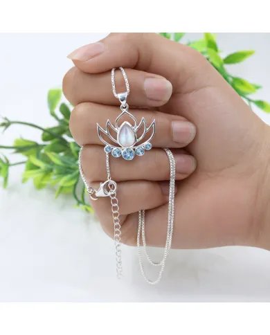 Rainbow Moonstone & Blue Topaz Lotus Charm Pendant - 925 Sterling Silver
