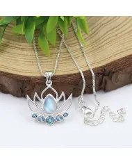 Rainbow Moonstone & Blue Topaz Lotus Charm Pendant - 925 Sterling Silver