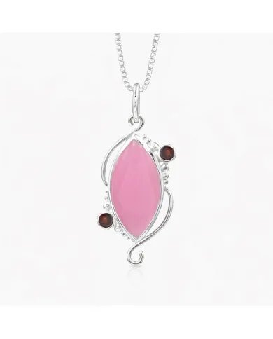 Pink Opal & Garnet Pendant - 925 Sterling Silver Vintage Jewelry