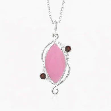 Pink Opal & Garnet Pendant - 925 Sterling Silver Vintage Jewelry