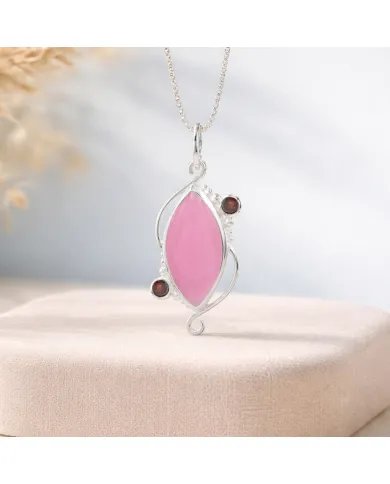 Pink Opal & Garnet Pendant - 925 Sterling Silver Vintage Jewelry