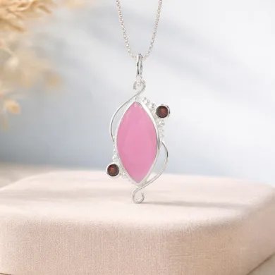 Pink Opal & Garnet Pendant - 925 Sterling Silver Vintage Jewelry