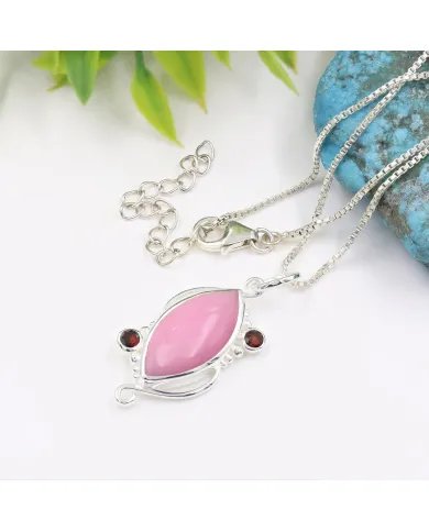Pink Opal & Garnet Pendant - 925 Sterling Silver Vintage Jewelry