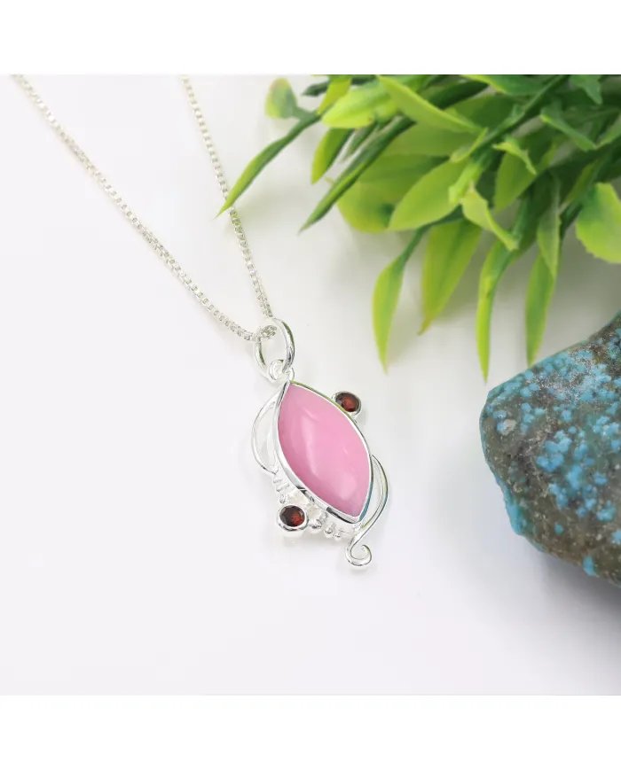 Pink Opal & Garnet Pendant - 925 Sterling Silver Vintage Jewelry