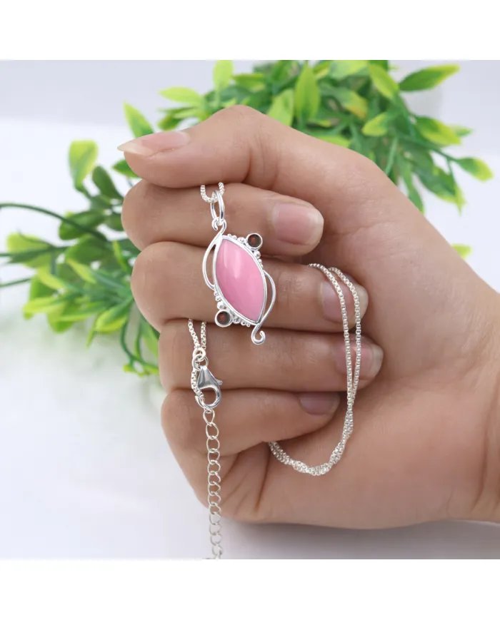 Pink Opal & Garnet Pendant - 925 Sterling Silver Vintage Jewelry
