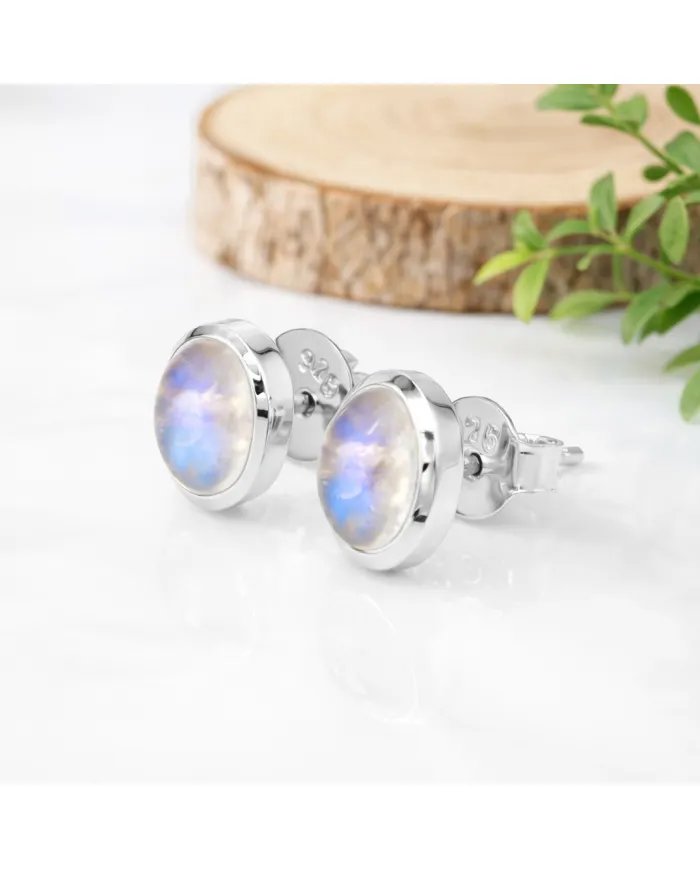 Rainbow Moonstone Studs - 925 Sterling Silver Oval Gemstone Jewelry