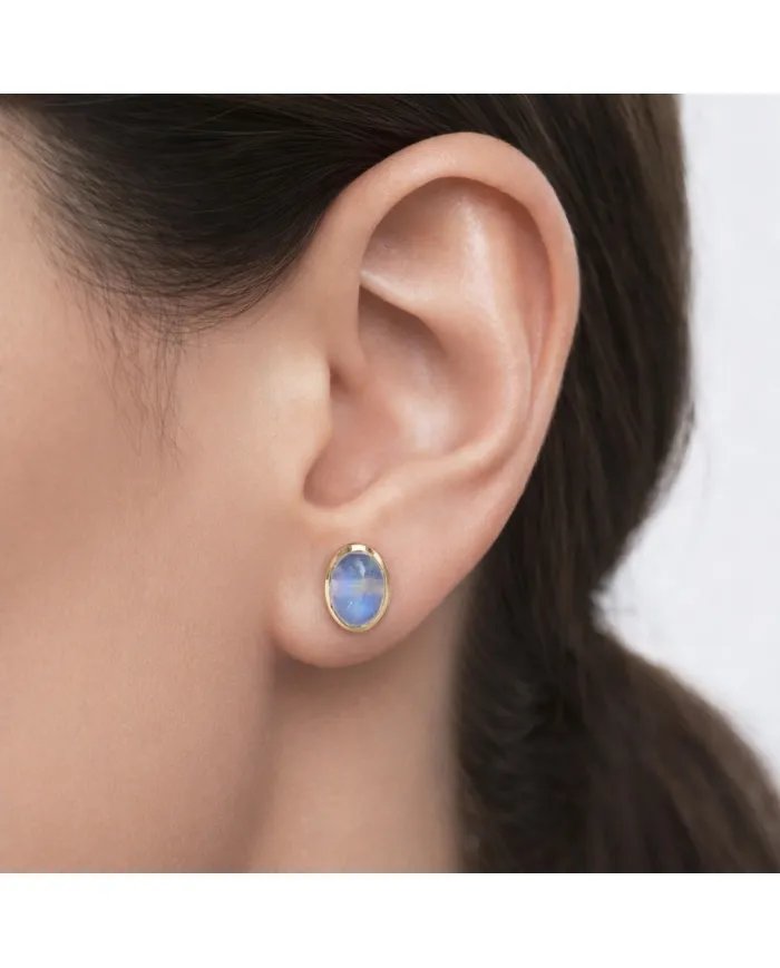 Rainbow Moonstone Studs - Gold Plated 925 Silver Oval Gemstone Jewelry