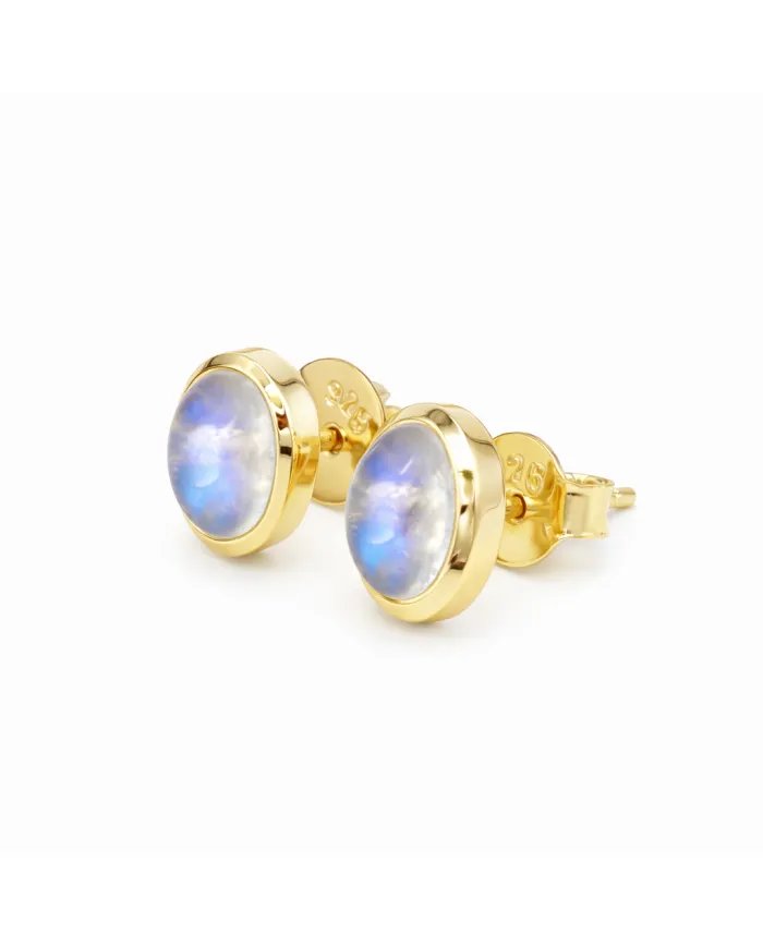 Rainbow Moonstone Studs - Gold Plated 925 Silver Oval Gemstone Jewelry