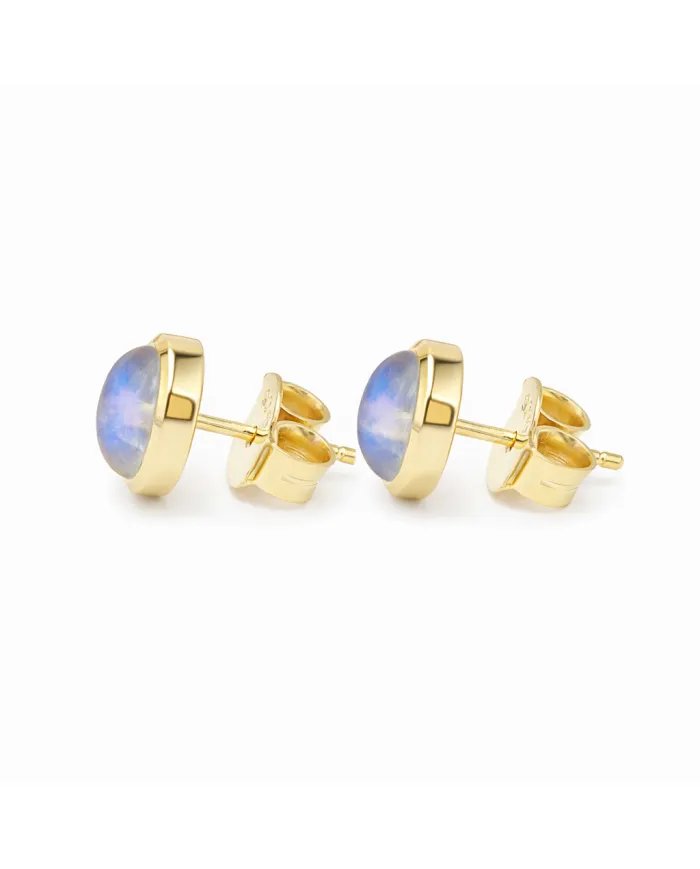 Rainbow Moonstone Studs - Gold Plated 925 Silver Oval Gemstone Jewelry