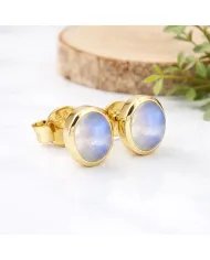 Rainbow Moonstone Studs - Gold Plated 925 Silver Oval Gemstone Jewelry