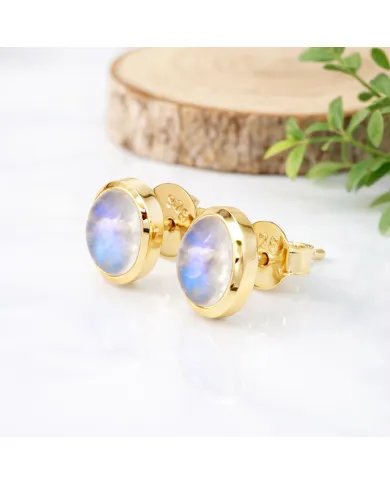 Rainbow Moonstone Studs - Gold Plated 925 Silver Oval Gemstone Jewelry
