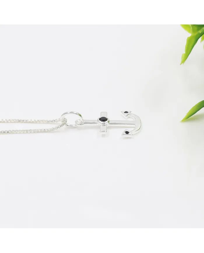 Modern Anchor Pendant with Black Onyx in 925 Silver Unisex Jewelry