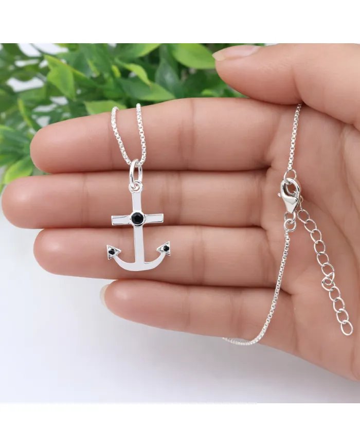 Modern Anchor Pendant with Black Onyx in 925 Silver Unisex Jewelry